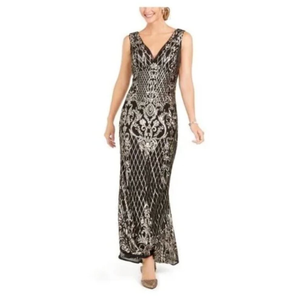R & M Richards Black Gold Long Formal Sequin Gown Dress 18 3895 NTW